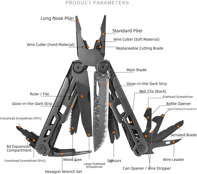 Multitool 24-in-1 Full-Size Lightweight EDC Multi-Purpose Pliers Damascus Steel Main Blade Outdoor Gear Camping Knives &amp Tools Gifts for Guys Gifts for Hunters Men who have Everything (Bla