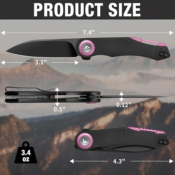 FLISSA Button Lock Folding Knife 3.1 D2 Steel Blade EDC Pocket Knife with G10 Handle Flipper Belt Clip Bearings for Outdoor Camping Hiking Fishing Hunting Gift for Men &amp Women (Purple)