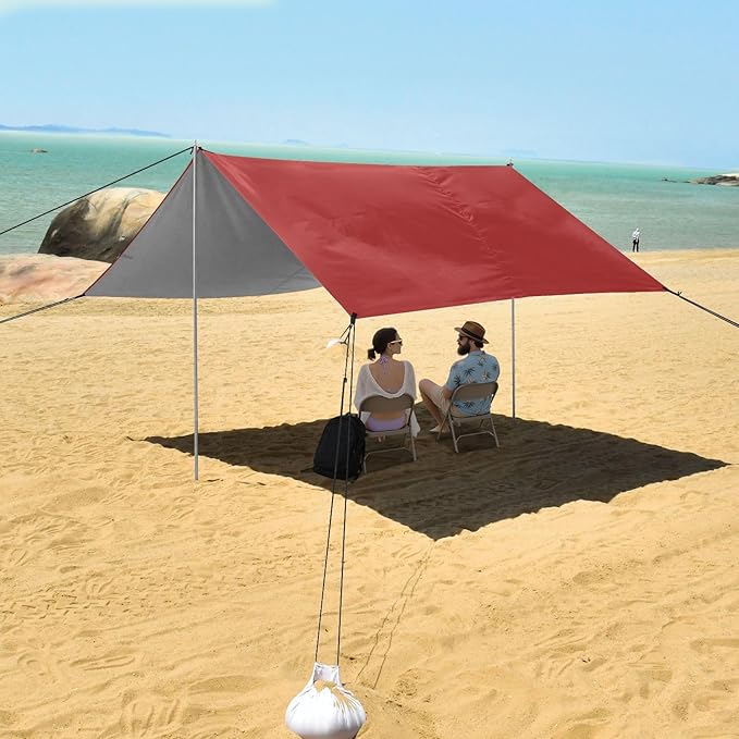 Brown Red Foldable Beach Canopy UPF50 Water-Resistant Large Sun Shelter with Sturdy Poles Sandbags and Shovel for Backyard and Camping