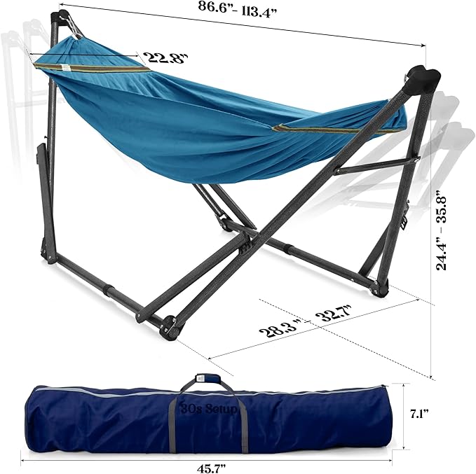 Tranquillo Uniki Hammock Stand 550 lbs Capacity Portable Collapsible Outdoor Hammock with Stand Signature Steel Stand Breathable Canvas Hammock Net Blue