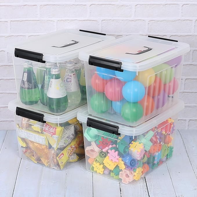Wekioger 4 Pack 12 Quart Latching Storage Box with Handle Clear Lidded Tote Bin