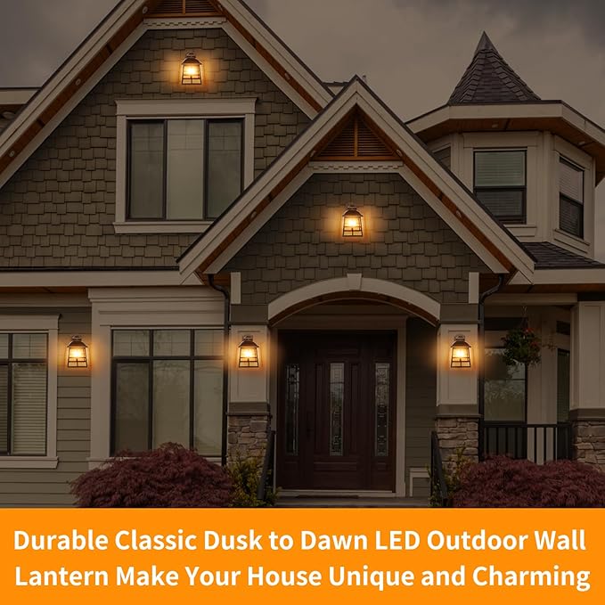 FUDESY Dusk to Dawn LED Outdoor Wall LanternWhite Plastic Photocell Sensor Porch Light with 8W 800LM Edison Filament BulbExterior Wall Mount Light Fixture for YardPatioGarage