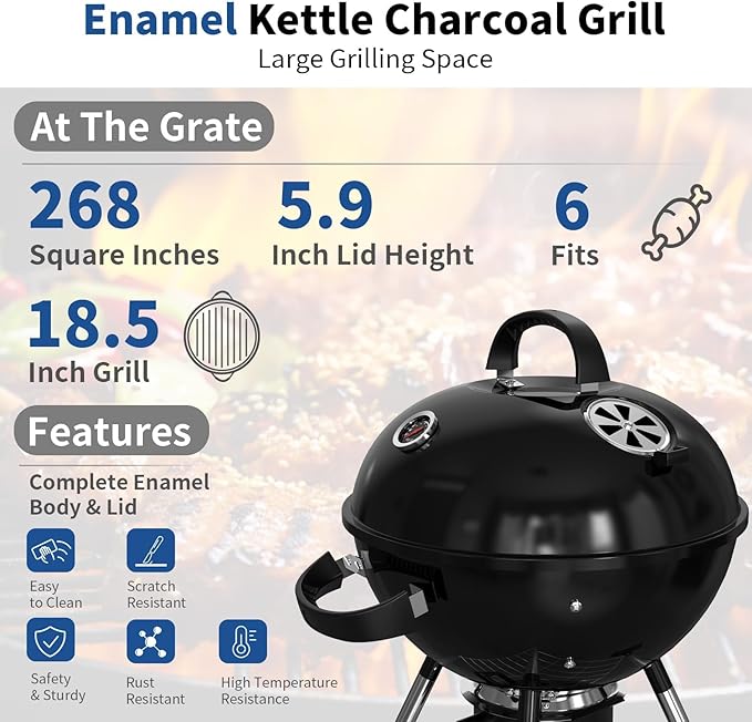 18.5-Inch Portable Charcoal Grill Heavy Duty Kettle BBQ Smoker with Built-in Thermometer &amp Removable Water-Rinsable Ash Catcher for Outdoor Camping Patio Backyard and Tailgating
