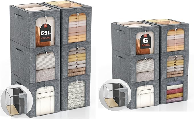 GoMaihe Clothes Storage Bin with Metal Frame 55L &amp 40L 6-Pack