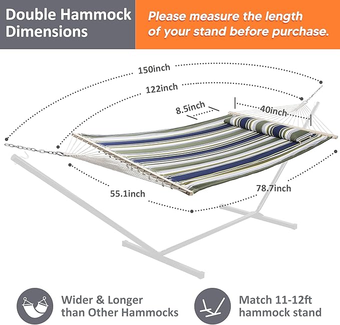 SUNCREAT Double Hammocks 2 Person with Extra Large Pillow Non Fading Tree Hammocks for Outside Blue&ampAqua