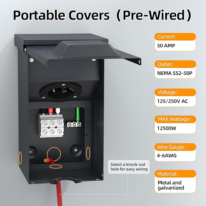 Joinfworld 50 Amp Generator Inlet Box NEMA SS2-50P 125/250V 12500W Weatherproof Outdoor Receptacle Emergency-Ready Industrial Grade