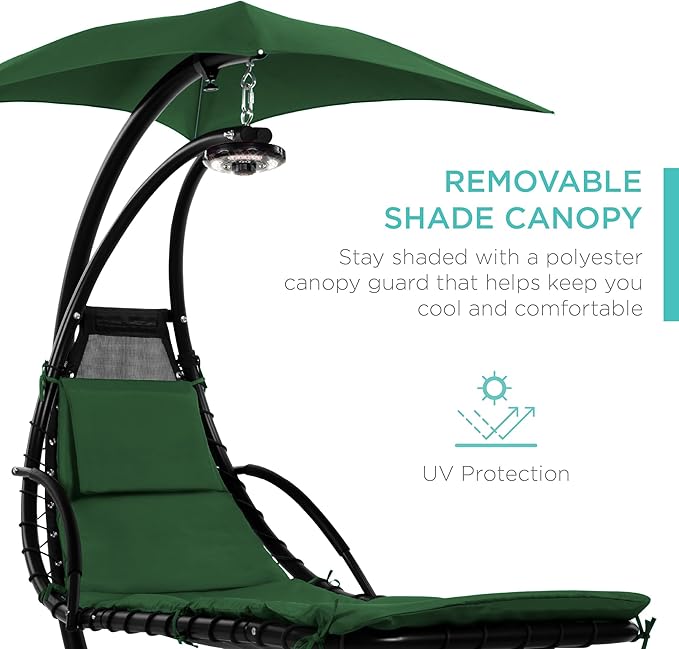 Best Choice Products Hanging LED-Lit Curved Chaise Lounge Chair Swing for Backyard Patio Lawn w/ 3 Light Settings Weather-Resistant Pillow Removable Canopy Shade Steel Stand - Green