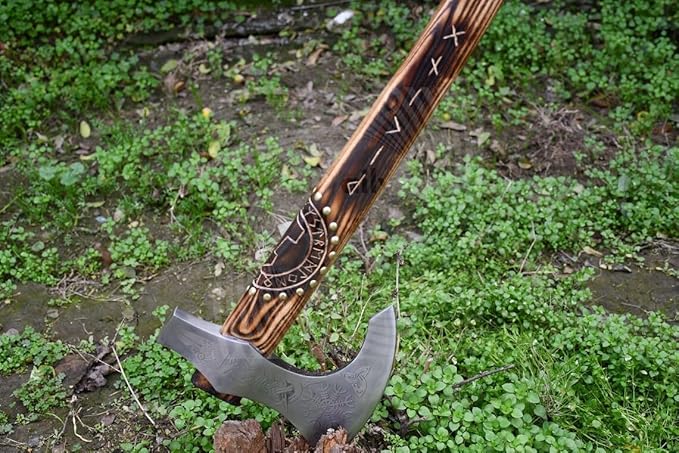 24-Inch Viking Battle Axe Hand Forged 5160 High Carbon Steel Blade Engraved Wood Handle Decorative Norse Design Viking Axe