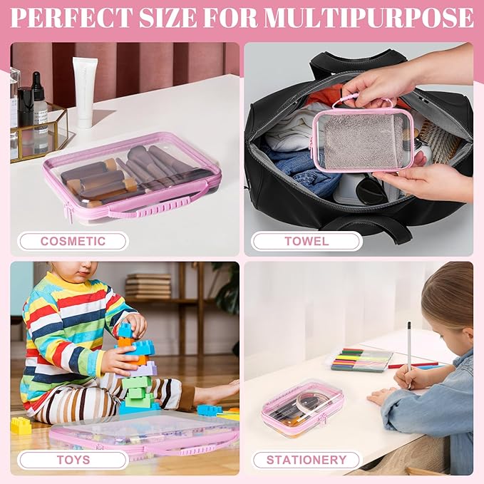 3 Pack Pink Extra Large Zippered Hard Shell PouchClear Plastic CaseHard Sided Case for Storage BagsPortable Waterproof Diaper Bag Cosmetic Bag(3 Pcs-XL+L+S)