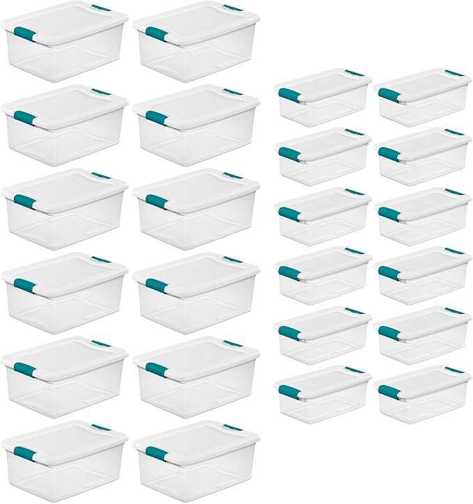 Sterilite 15 Qt Stackable Storage Box with Latching Lid 12 Pack Bundled with 6 Qt Plastic Organizing Bin with Latch Lid 12 Pack