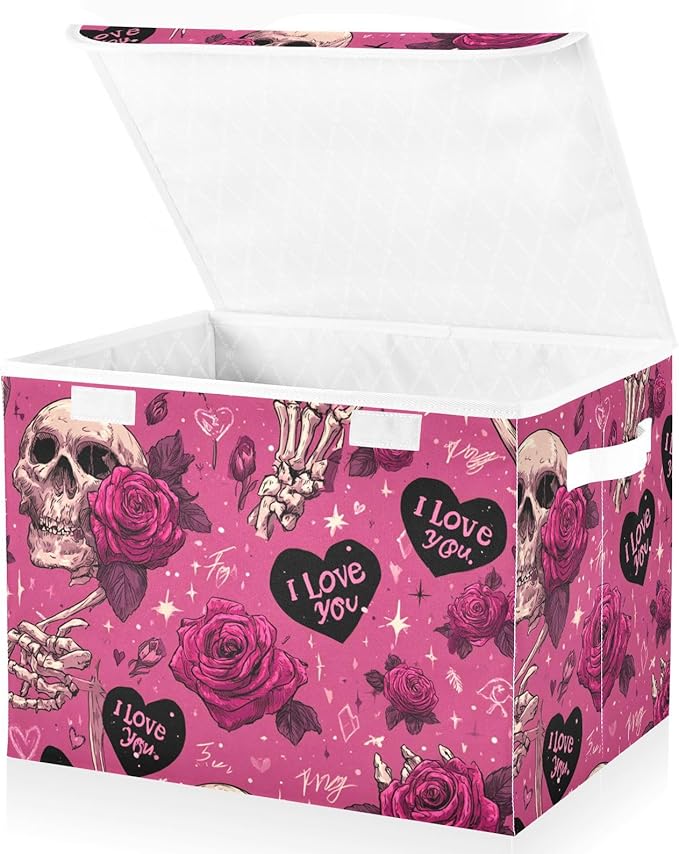 Valentine Skull Roses Pink Storage Box with Lid 1 PC Foldable Storage Bin with Lids Stackable Storage Bins Cube Closet Organizer Basket with Flip-Top Lid &amp Handles for Shoes Books Towels