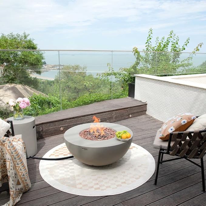 Roca Fire Table Outdoor Fire Pit 34 x 34 Cast Concrete Round Firepit Includes Lava Rocks 45000 BTUs Outdoor Fireplace for Patio Furniture Set Deck Porch Outdoor Heater - Natural Gas