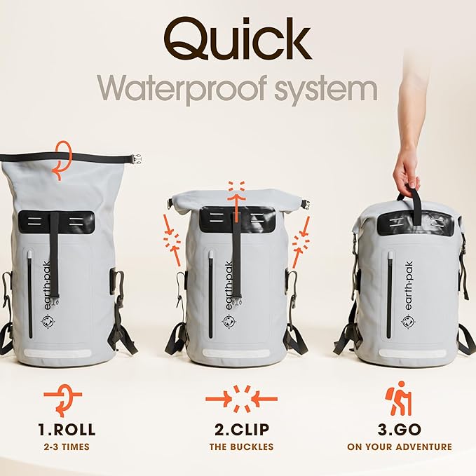 Earth Pak Waterproof Backpack - Heavy Duty Roll-Top Closure with Easy Access Front-Zippered Pocket and Cushioned Padded Back Panel for Comfort with IPX8 Waterproof Phone Case