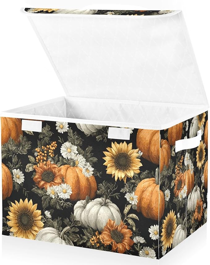 Storage Bins with Lids Storage Containers Box Organizer Bin Basket with Handles for Closet Shelves Clothes Stackable Foldable Decorative Black Pumpkins Sunflowers Daisy
