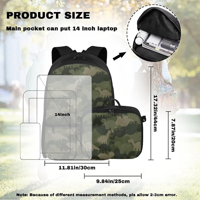 Green Camo Backpack with Lunch Box Dinosaur Bookbag with Adjustable Shoulder Strap Lightweight School Bag for Men Lightweight Satchel Bag for Travel
