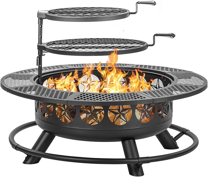 42 Inch BBQ Fire Pit with 2 Grills3-in-1 Outdoor Round Metal Fire Pit Table with LidFire PokerLarge Outdoor Wood Burning Firepits for OutsidePicnicBonfire Backyard Patio(Black)