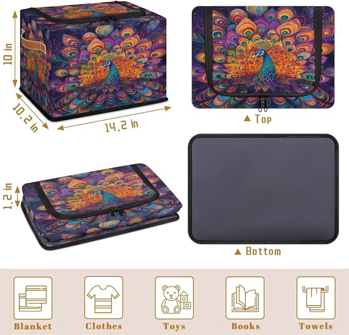 Peacock Storage Box with Lid Watercolor Feather Collapsible Storage Bins Baskets Cubes Closet Shelf Clothes Organizer Containers with PU Leather Handles