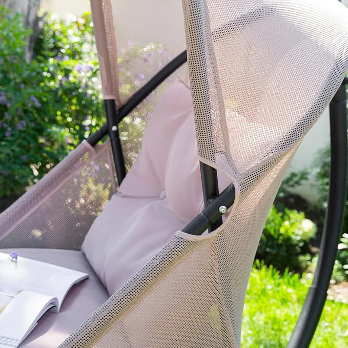 Barton Hanging Chair Egg Chair Cushion w/Canopy Indoor/Outdoor Basket Lounge Seat Collapsible Egg Chair Beige