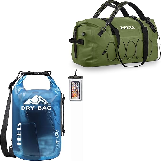 HEETA Waterproof Dry Bag for Women Men (Blue 5L) Bundled with Waterproof Duffel Bag Motorcycle Dry Bag (Green 60L)