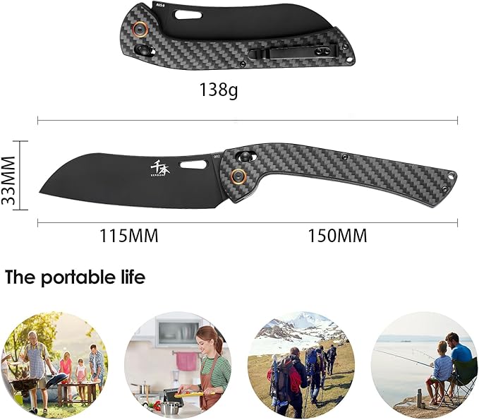 SENBON foldable chef's knife AUS-8 stainless steel with black titanium plating carbon fiber handle with back clip portable outdoor folding Santoku knife
