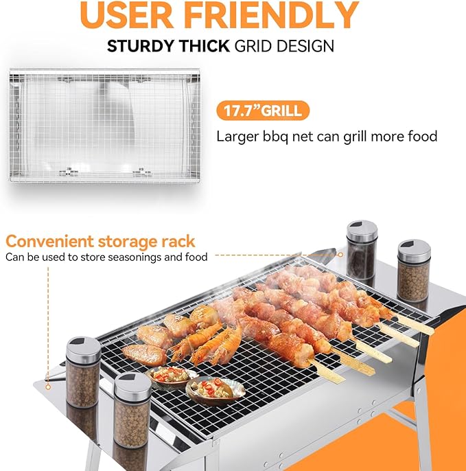 Foldable Portable Charcoal Grill Small Compact Outdoor BBQ Grill for Camping Backyard Balcony Beach Travel Outdoor Cooking(17.7x9.8 Inch)