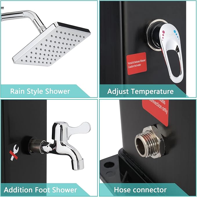 VINGLI 10.6 Gallon 7.5FT Solar Heated Shower with Shower Head Handheld Showerhead and Foot Shower Tap for Poolside Backyard Beach Pool Spa