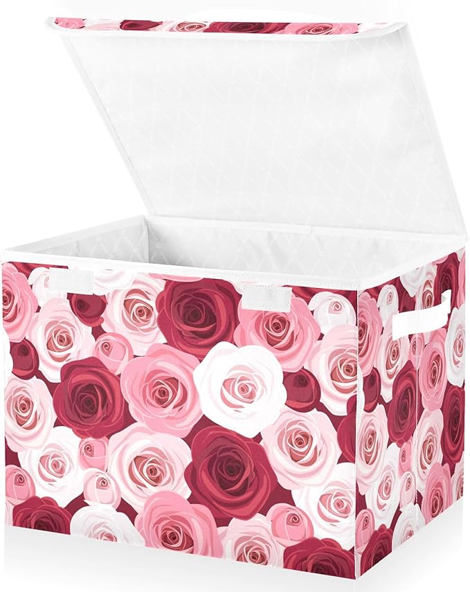 Red Pink Roses Print Lidded Home Storage Bins Closet Storage Bins Foldable Oxford Fabric Storage Box for Home Bedroom Closet Office (16.5x12.6x11.8 in)
