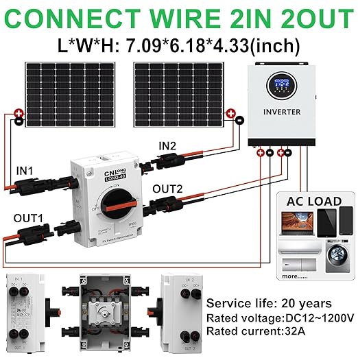 Solar Disconnect Switch 2 Strings 32A DC1500V 2in 2out Rapid Shutoff Isolator Switch with Plug &amp Play Connector and IP66 Outdoor Waterproof for Rooftop Solar Systems RVs and Boats