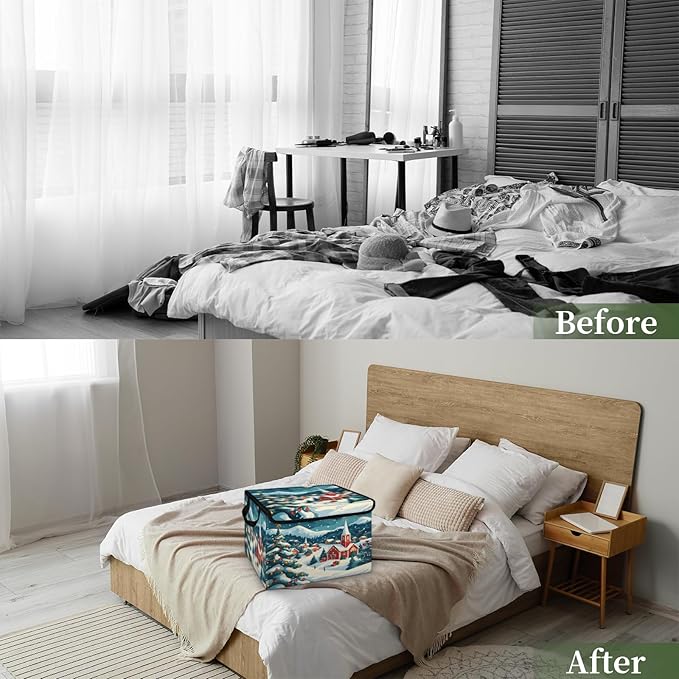 Christmas Xmas Storage Basket with Lid Winter Village Foldable Storage Box Fabric Storage Bins with Carrying Handles for Home Bedroom Closet Organization