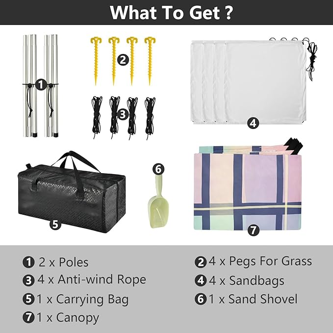 xigua Plaid Beach Tent Sun Shelter with Carrying Bag - Silver Coated Oxford Fabric Beach Canopy for Beach Camping Fishing - Includes Windproof Ropes Sandbags &amp Stakes