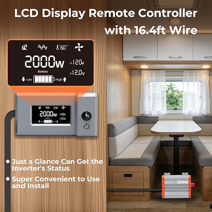 2000W Pure Sine Wave Inverter 12V DC to AC 110V/120V RV Inverter with Remote Solar Battery Inverter 12V Inverter for Power Outage Pickup Shed 2 AC Outlets USB Fast&ampType-C 2 LCD ScreensSurge4