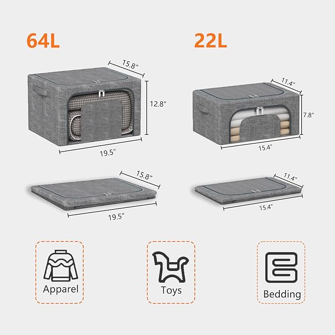 Stackable Clothes Storage Bins with Metal Frame 4 Piece Stackable Clothes Organizer with Double Opening + Clear Window Design for Cabinets Under Beds Storage and Garage Gray 2 * 22 L + 2 * 64 L