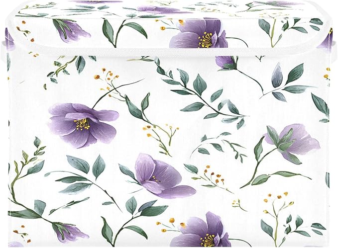 senya Baskets Collapsible Storage Bins with Lids Purple Flower Leaves Storage Boxes Clothes Baskets for Organizing
