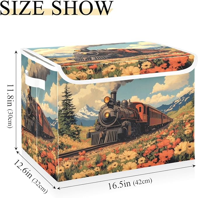 AIXIWAWA Lidded Storage Cube (Spring Wild Train) Fabric Foldable Closet Bins with Flip Lid and Handles Organizer Basket Container 16.5 x 12.6 x 11.8 IN
