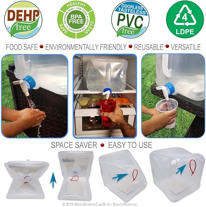 WaterStorageCube BPA Free Collapsible Water Container with Spigot Camping Water Storage Carrier Jug for Outdoors Hiking Backpack &amp Survival Kit Foldable Portable Water Canteen 1.3/2.6/5.3 Gallon