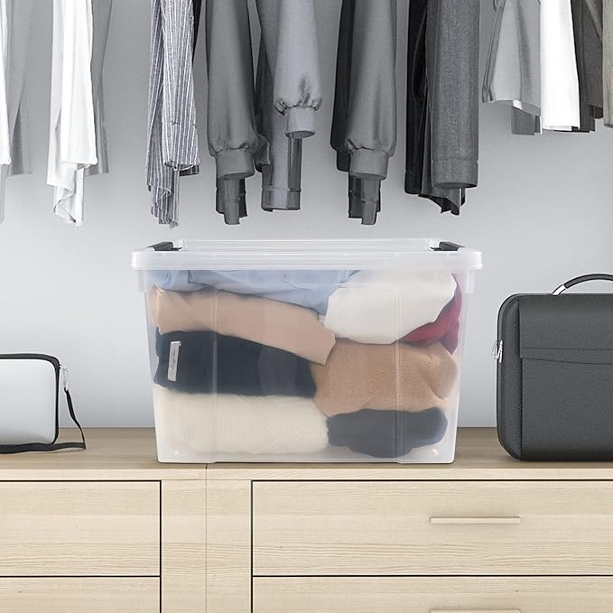 4 Pack Clear Storage Latch Bin with Lid 34 L Plastic Wheeled Storage Box