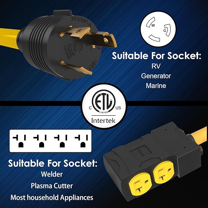 30 Amp to 20 Amp 110V Adapter 1.5 FT Yellow 3 Prong L5-30P to 4X 5-15R/5-20R T-Blade 5000W ETL Listed For Household Tools Appliances RV Camping