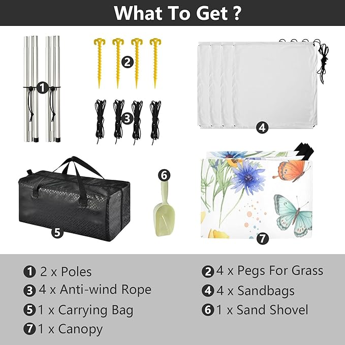Wildflowers Beach Canopy Sun Shelter with Sandbags &amp Sand Shovel &amp Windproof Ropes - Portable 110x126 Beach Shade Beach Tent for Camping Picnics