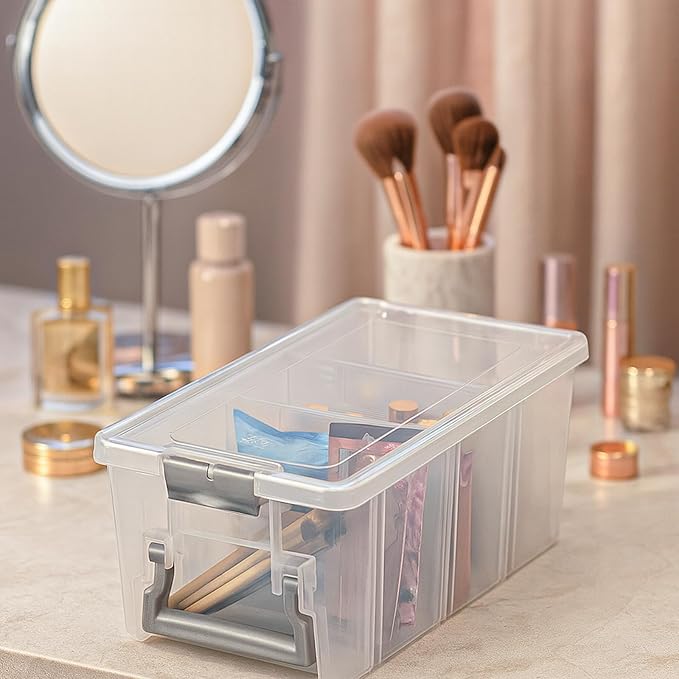 Best Kept Semi Satchel with Removable Dividers Stackable Home Storage Organization Container Clear with Sliver Latches and Handle