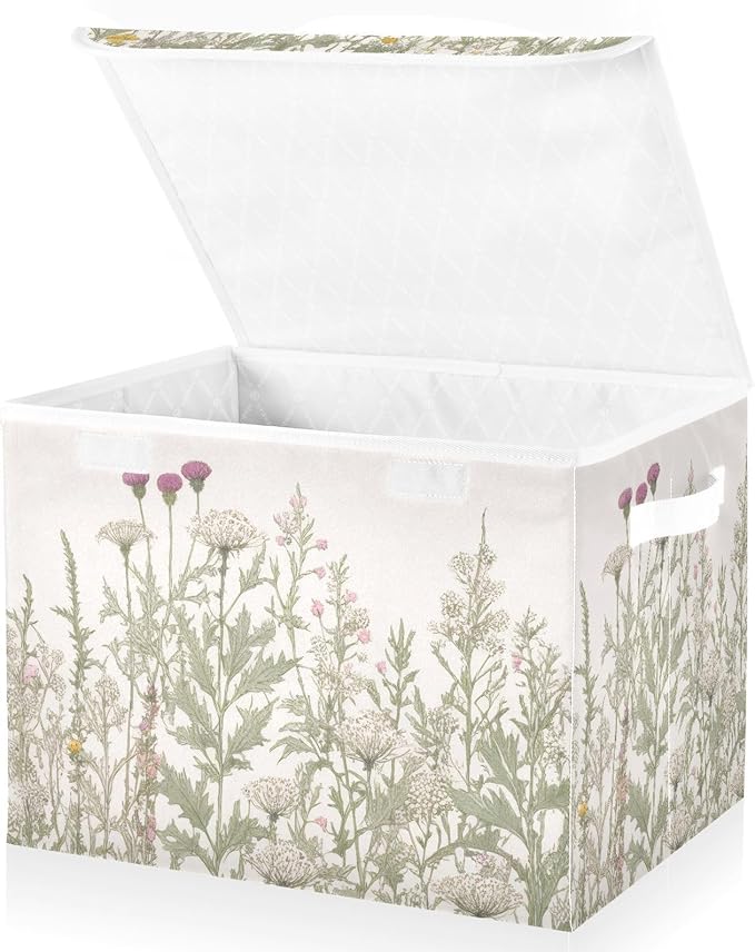Kigai Collapsible Herbal Wildflowers Storage Basket with Lids and HandlesStorage Bins for Shelves Closet BedroomOffice Storage