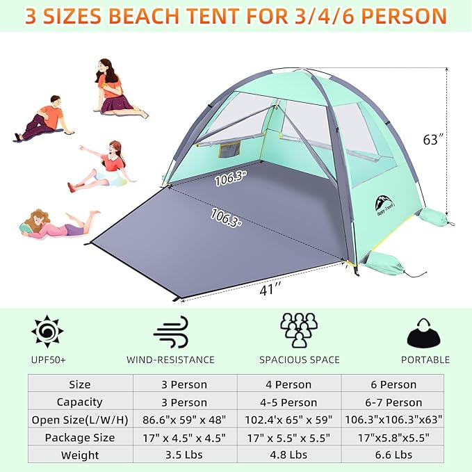 Happy Travel Beach Tent UPF 50+ UV Protection Sun Shade Shelter for 3/4/5/6/7/8 Person Portable Beach Canopy for Family &amp Baby Lightweight &amp Easy Setup Beach Cabana with 3 Ventilation Mesh