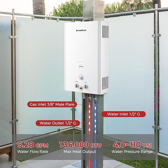 Camplux Tankless Water Heater 5.28 GPM Outdoor Propane Camping Gas Water Heater 20L BW528 White