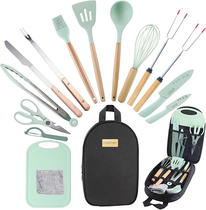 Camping Accessories Kitchen Cooking Utensils Set - Portable Outdoor Camp Cookware Set Silicone Camper Essentials Gear Must Have Supplies for Travel RV BBQ Grill Picnic Hiking