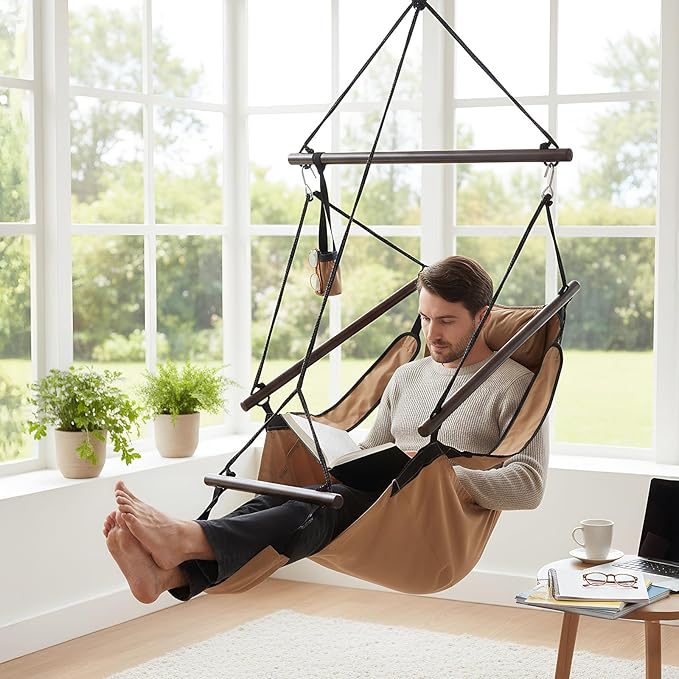 ONCLOUD Upgraded Unique Hammock Hanging Sky Chair Air Deluxe Swing Seat with Rope (Tan)