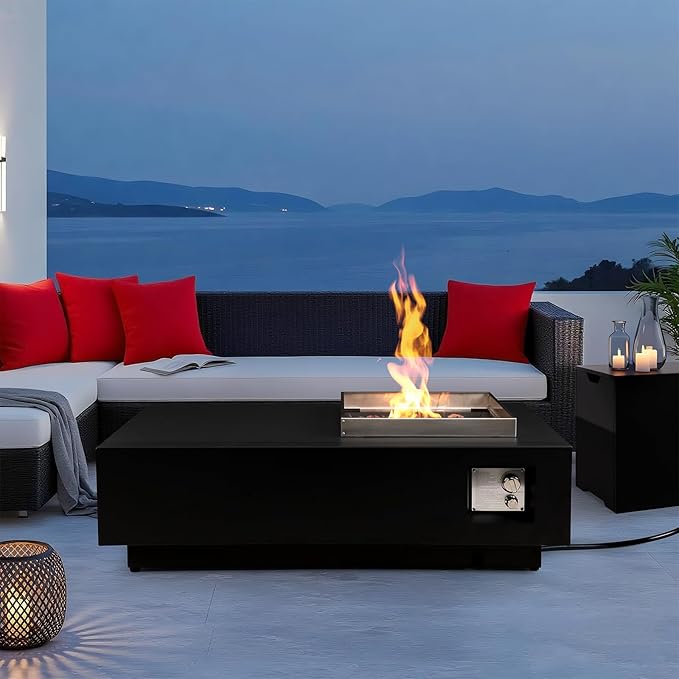 48 Modern Steel Fire Pit Table Set – Low-Profile Propane Gas Fire Table with Tank Cover 50000 BTU for Contemporary Patios &amp Decks