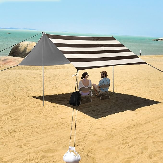 ALAZA Brown White Striped Beach Tent Sun Shelter Portable Canopy Sunshade for Outdoor Camping Picnics Backyard Fun 10x9 ft