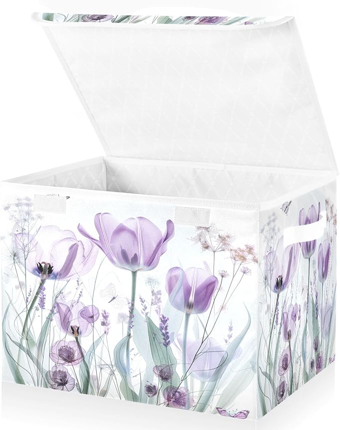 senya Baskets Collapsible Storage Bins with Lids Purple Tulips Flowers Pastel Storage Boxes Clothes Baskets for Organizing B06D22020