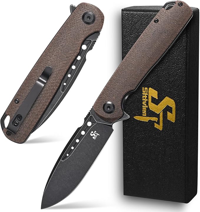 Sitivien ST131 Folding KnifeD2 Blade Micarta Handle EDC Tool Knife with Liner Lock for Outdoor Camping Hiking Fishing(Brown)