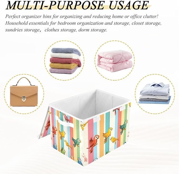 Cute Parrots Storage Cube Bins Basket with Lid Collapsible Flip-top Fabric with Handle for Home Bedroom Closet Office 16.5×12.6×11.8 in
