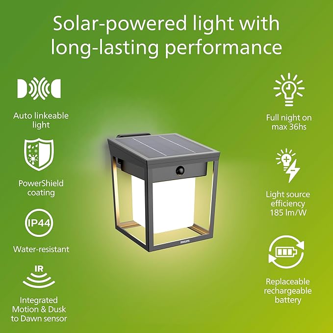 Philips Solar LED 1-Pack Ultra-Efficient Wall Lantern - Blaise Dusk to Dawn Automatically Linkable Daylight and Motion Sensor 3000K Bright White Light IP44 Anthracite